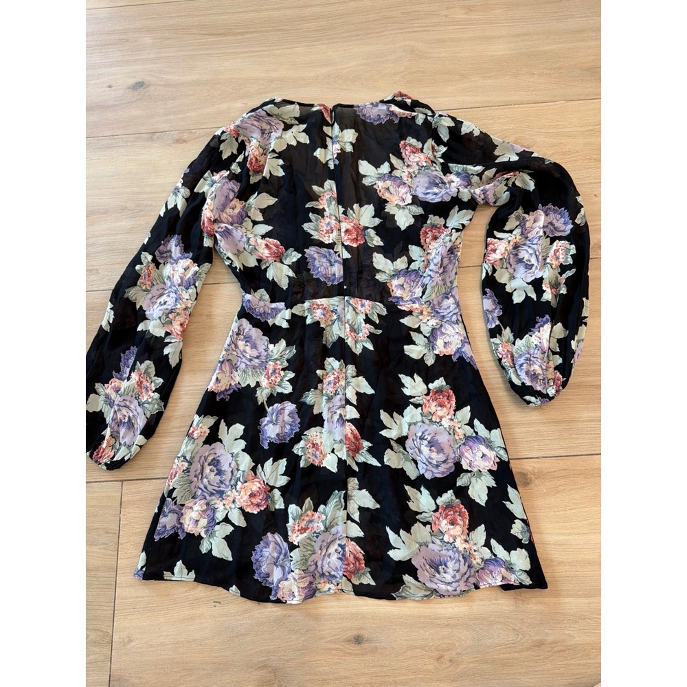 Reformation Floral Mini Dress Black Purple Long Sleeve V-Neck Fit & Flare - Picture 5 of 8